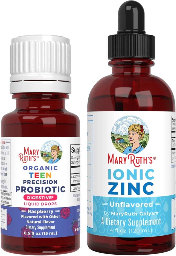 Probiotico di precisione di MaryRuth Organics per gli adolescenti (Raspberry) & Zinc Drops | Clean Label Project Verified® | Vitamine per la salute del fegato, supporto immunitario, &amp; benessere generale | Vegan, Non OGM, Gluten Free