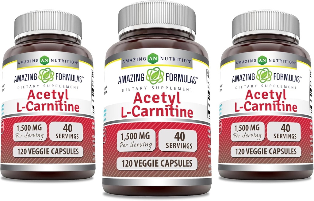 Stupefacente Formulas Acetyl L-Carnitina 1500 Mg per servire Veggie Capsule Supplemento | Non-GMO | Gluten Free | Made in USA | Adatto per vegetariani (120 Conte) | Confezione di 3