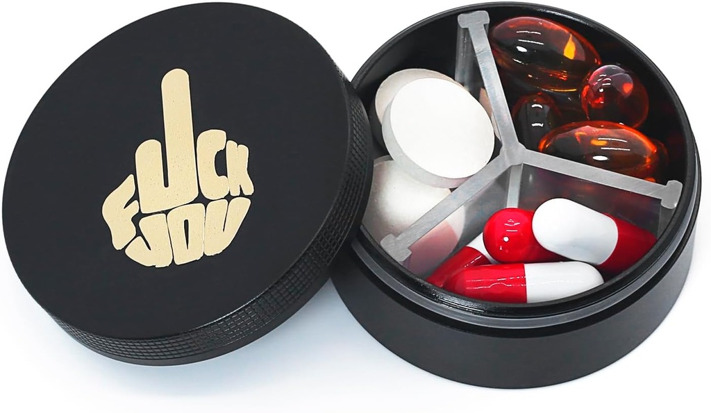 Piccolo contenitore di pillole 3 scomparti, scatola di metallo rotondo portatile, organizzatore impermeabile del padiglione di viaggio, contenitore di vitamina EDC della medicina del Purse tascabile (nero con la rabbia)