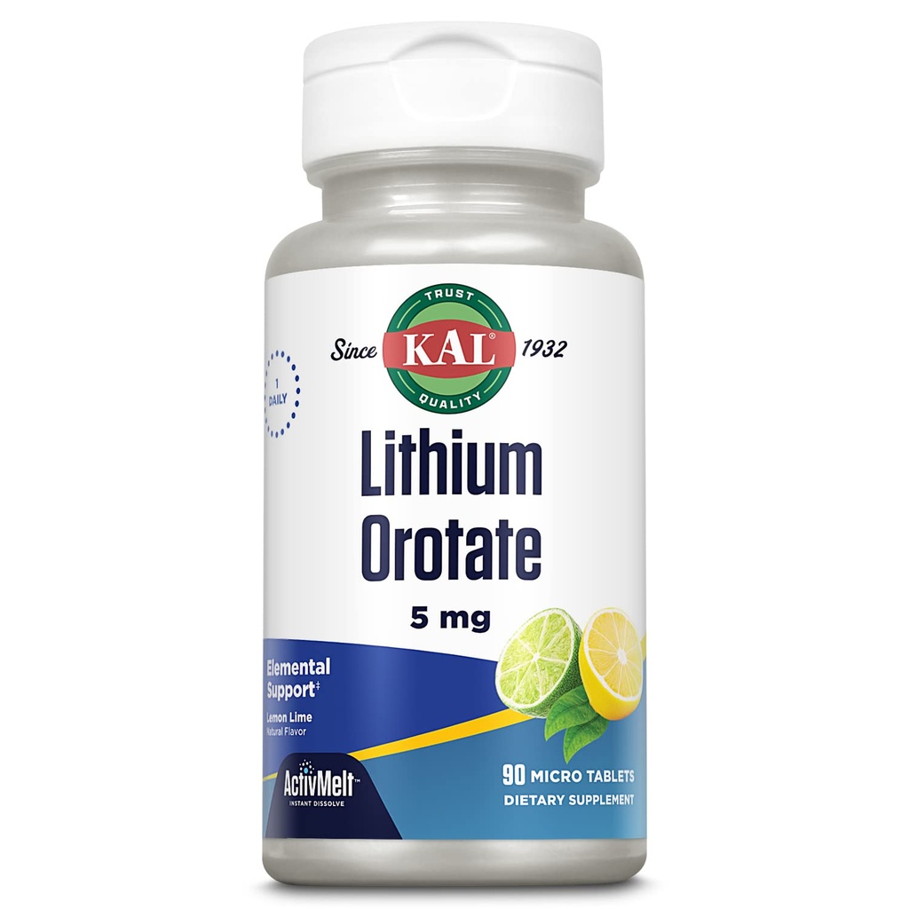 KAL Lithium Orotate ActivMelt 5mg, Lithium chelato per l'assorbimento ottimale e la biodisponibilità, Supporto per l'alimento sano, Lime naturale Flavor, Tabelle di dissolve istantanea, 90 Serve, 90 Micro Tablets