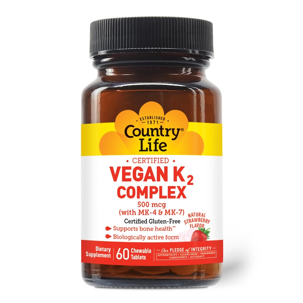 Country Life® Vegan K2-500 mcg, 60 Ct. Compresse masticabili. Fragola Flavor - Certificata Gluten Free - Certificata Vegan da AVA – per supportare la salute di ossa