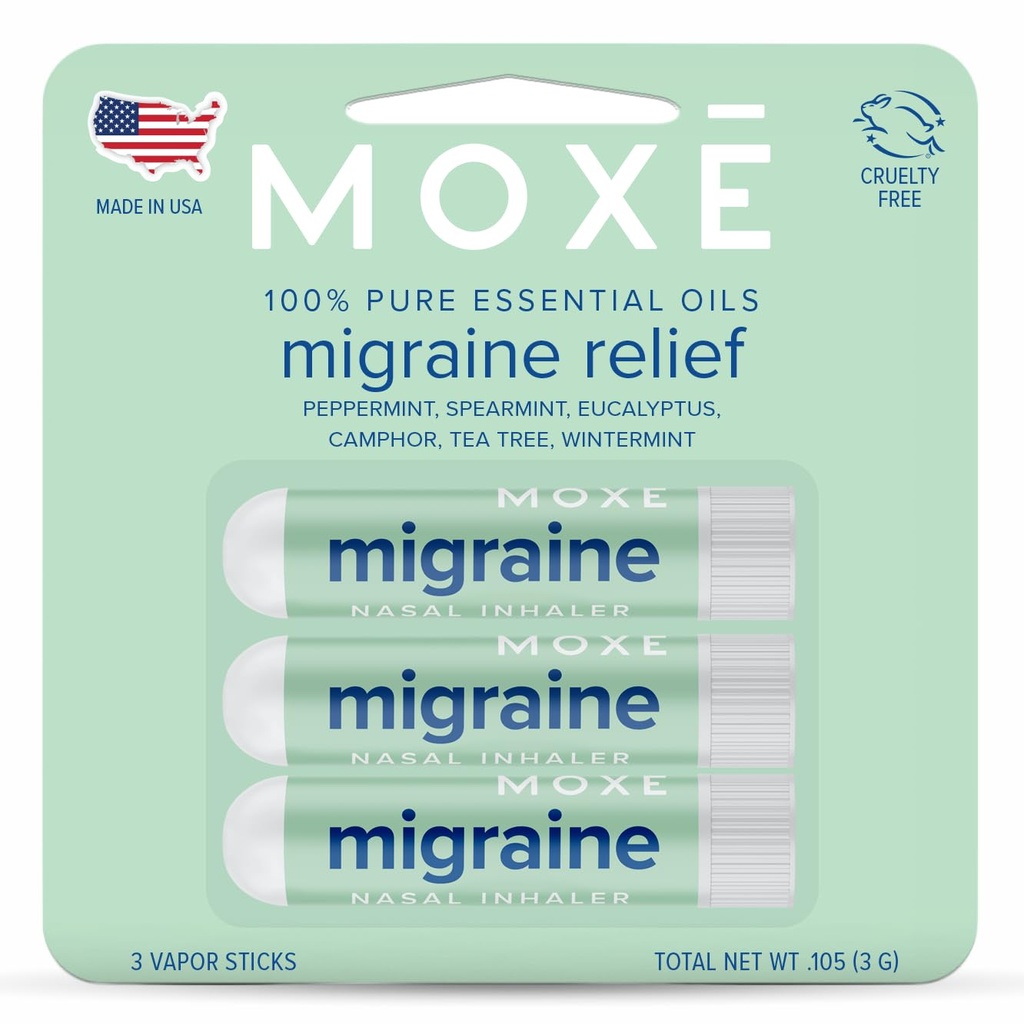 Inalatori nasali di emicrania MOXE, oli essenziali per mal di testa e sollievo da tensione, aromaterapia portatile, facile da usare, puro e diluito, menta piperita, menta piperita, eucalipto, Tea Tree, USA Made, 3 Pack