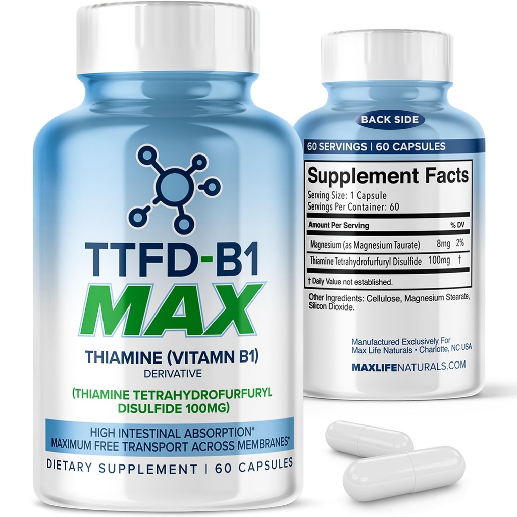 TTFD Thiamine B1 Supplemento 60Capsules Made in USA- Thiamine TTFD Vitamina B1 MAX, Supplemento ad alta potenza per l'energia e il fuoco, Supporta la funzione sana di Nerve e il benessere generale di MaxLife Naturals