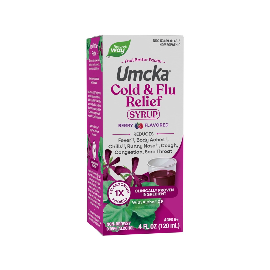 Via della natura Cold+Flu Relief Syrup, Umcka, Fever*, Sore Throat, Cough, Congestion, Body Aches*, Omeopatico, Phenylephrine Free, 0.05% Alcohol, Berry Aromaed, 4 Fl Oz (Packaging May Vary)
