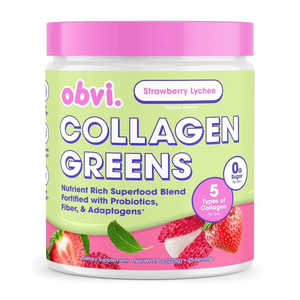 Obvi Collagen Greens | Polvere Superfood Organic Greens con Peptidi di collagene | Probiotici per Gut Health, Skin, Hair, Nails | Gluten-Free, Zero Sugar | Lichee Flavor, 25 Servings
