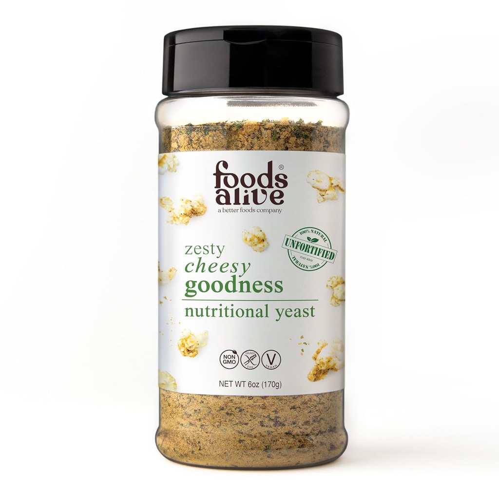 Cibi Alive Zesty Cheesy Goodness Nutritional Yeast, 6oz Shaker Jar / Non fortificato, Vegan Cheese Powder Condimento