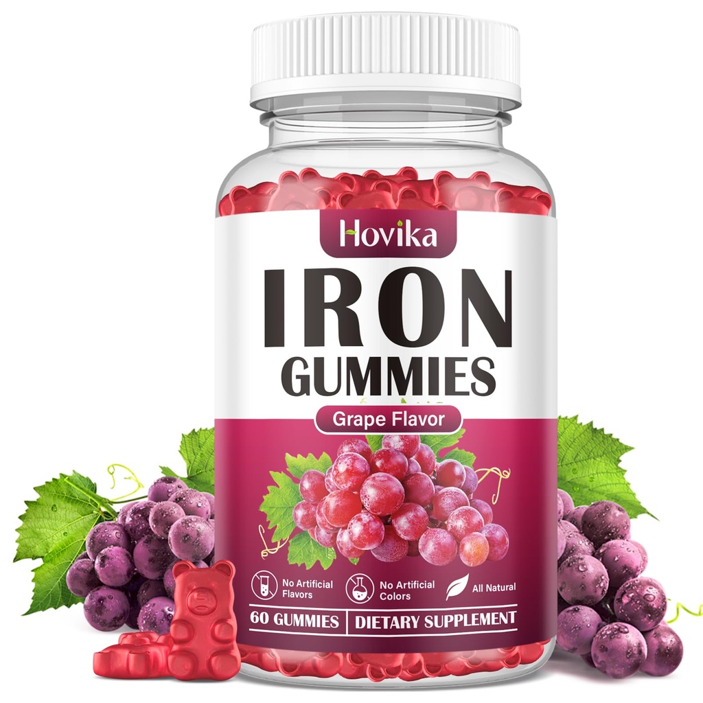 Iron Gummies Supplemento per le donne e gli uomini, Supplementi di ferro per l'anemia con vitamina C, B12, Folate-Blood Builder & Energy Support for Iron Deficiency-Grape Flavor, Vegan, 60 Gummies
