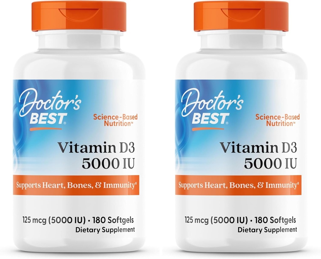 Vitamina D3 5000IU, Non OGM, Gluten & Soy Free, Regola la funzione immunitaria, Supporta le ossa sane, Bianco, No Flavour, 180 Conte (Pack of 2)