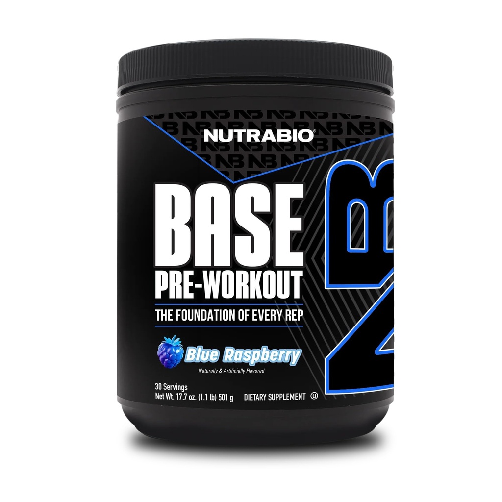 NutraBio Base Pre-Workout Polvere 200mg Caffeina, Energia Sostenuta, Focus, Endurance, Pompa, Zucchero Libero, Preallenamento Pulito per Uomini e Donne - Beta Alanine, L-Tyrosine, 30 Serve - Blue Raspberry