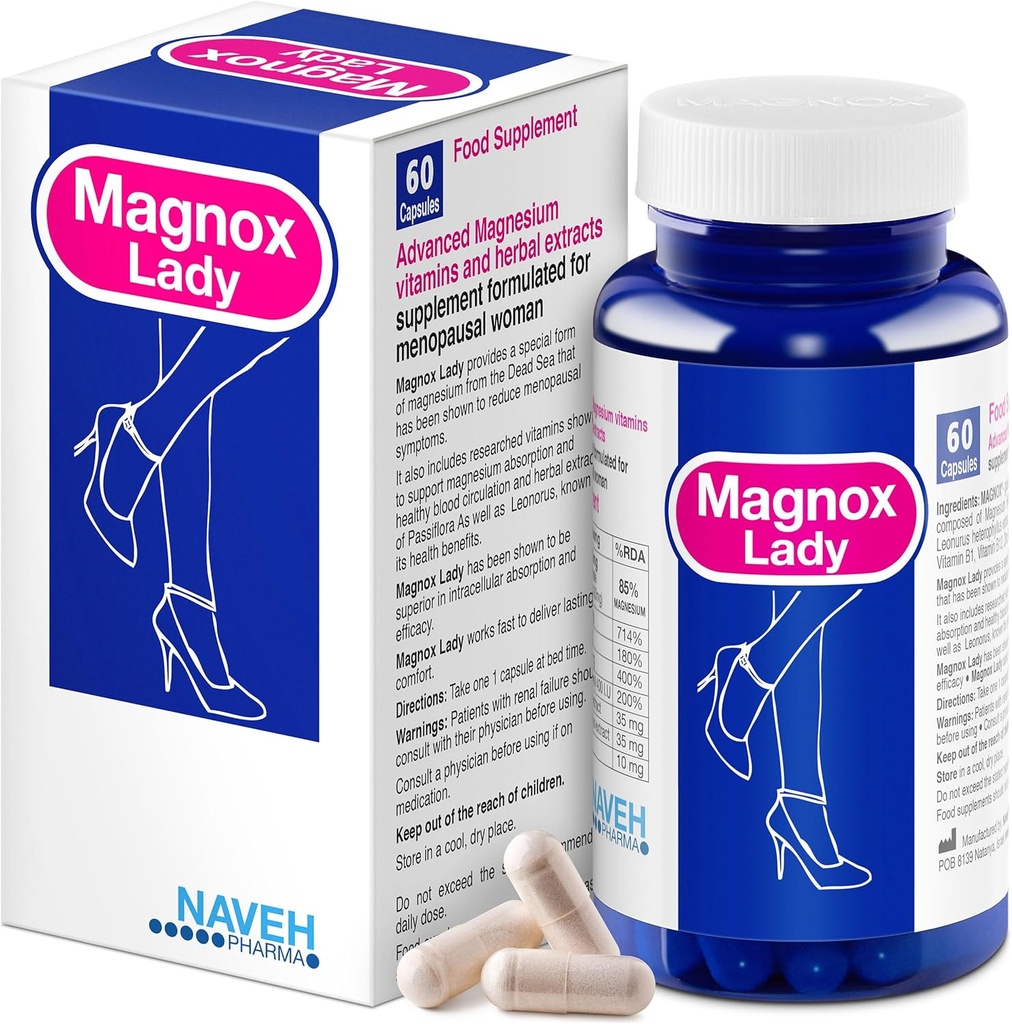 MAGNOX® Lady Magnesium Supplemento | Menopausa e PMS Support Supplemento per le donne | Magnesium Complex con Vitamine B6, B1, B12, D, Zinc | High-Absorption Dead Sea Organic | 60 capsule vegetariane
