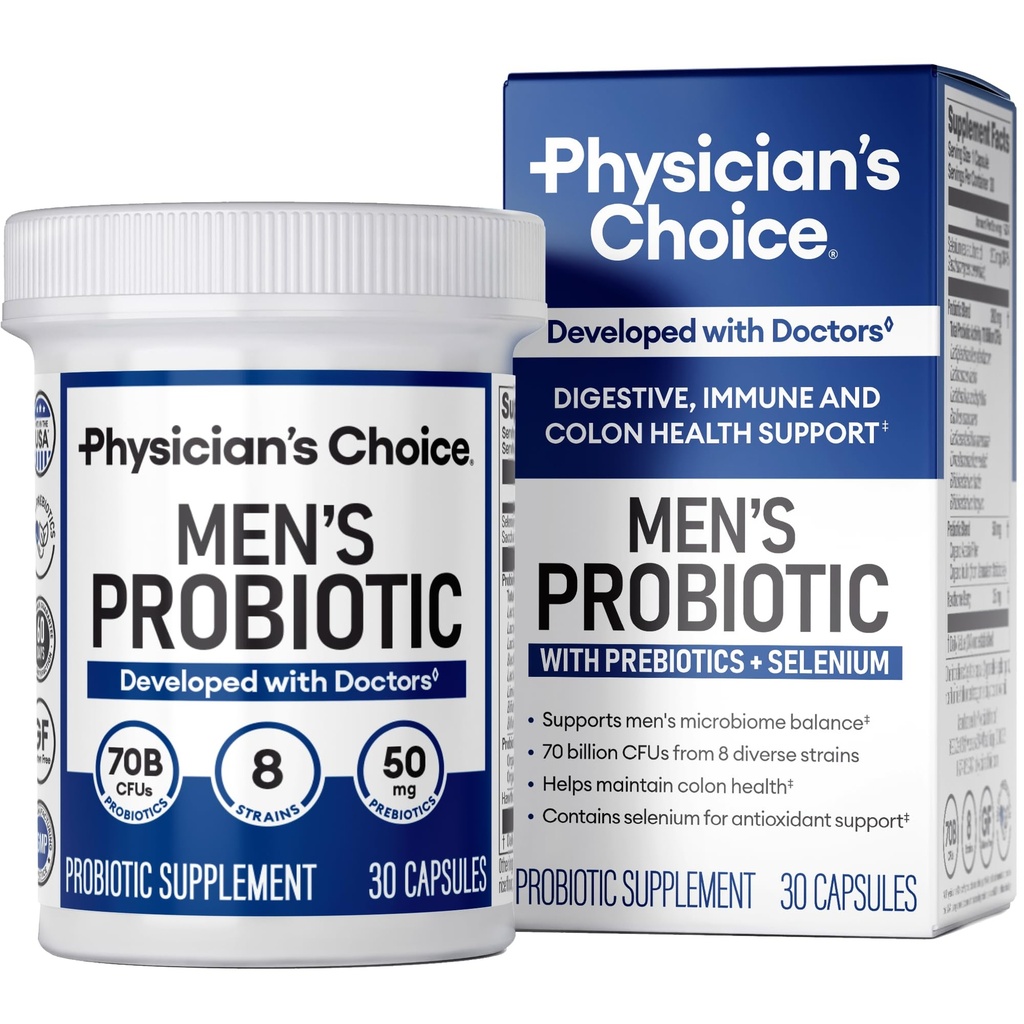 Probiotici Scelta del medico per gli uomini - 70 miliardi di CFU - 8 Strains - w/Selenium & Organic Prebiotics - Supporta la salute digestiva, Microbiome, Colon, & Immune Health - Probiotico avanzato degli uomini - 30ct