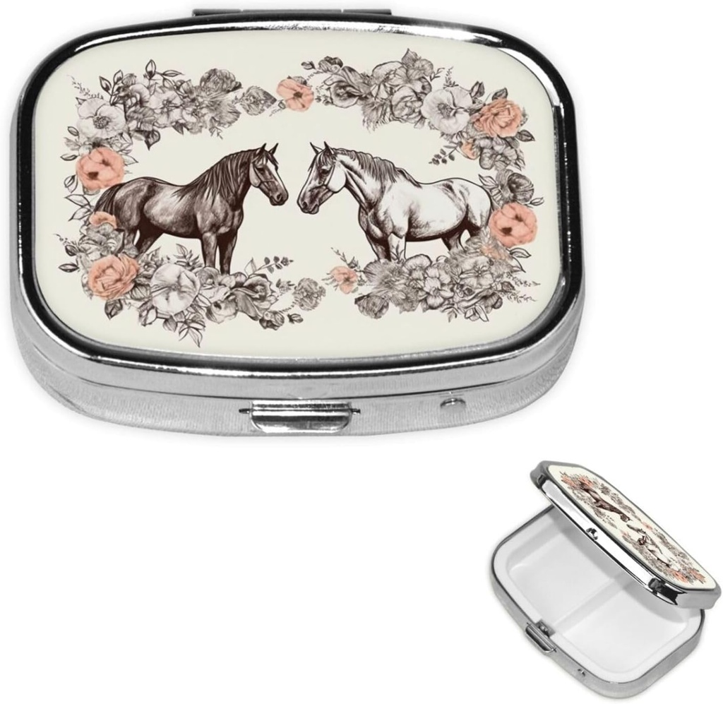 Scatola di pillole Fiori e Cavalli Hand Drawn Square Pill Case per Purse & Pocket 2 Compartment Medicine Pill Organizer Portable Travel Pillbox Medicine Vitamin Cod Liver Oil Storage Box