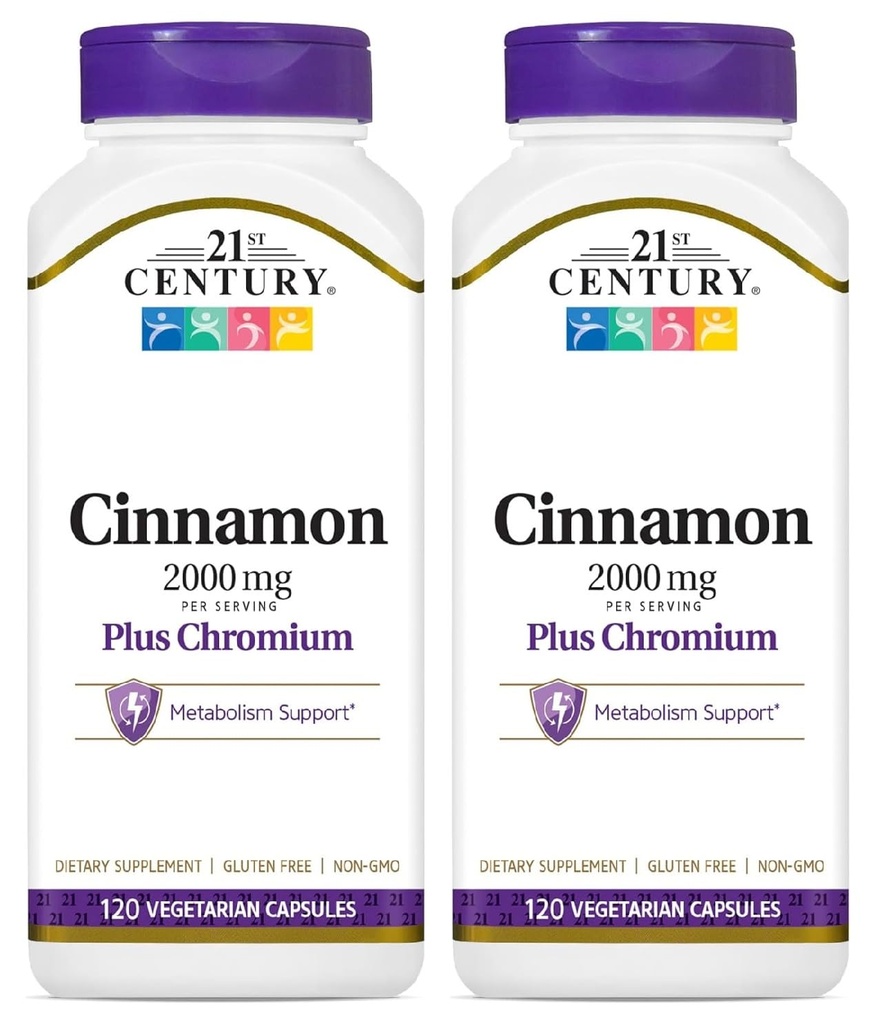 21st Century Cinnamon 2000 mg Per Serving Plus Chromium Capsule Vegetariani 120 Conte - Confezione da 2