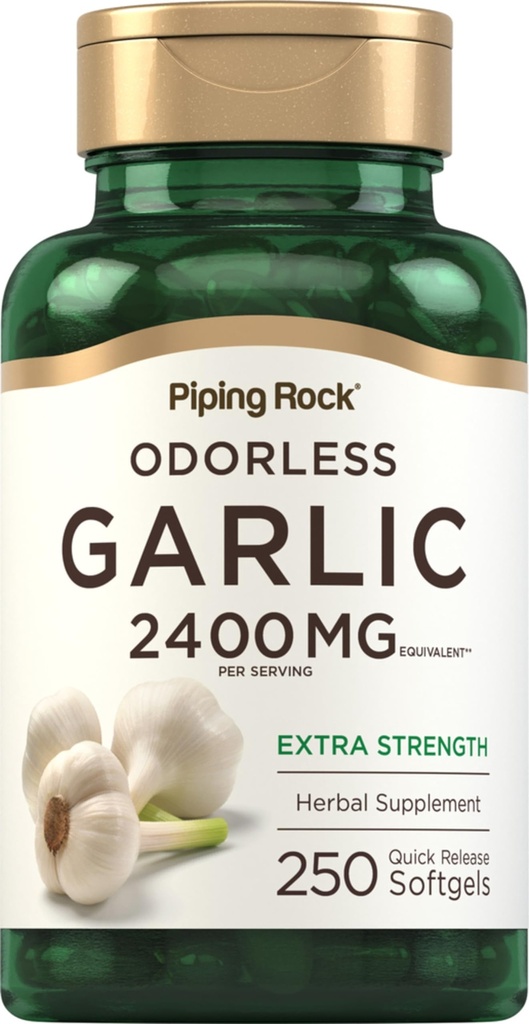 Piping Rock Odorless Aglio Supplemento 2400mg | 250 Softgels | Estratto di erbe ad alta potenza | Pillole ad alta resistenza | Non-GMO, Gluten Free