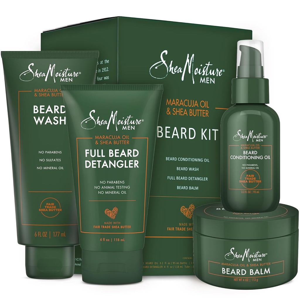 SheaMoisture Beard-Care Kit per gli uomini, Include Lavaggio, Balm, Olio, Condizionatore, Natural Shea Butter & Maracuja olio, Grande regalo