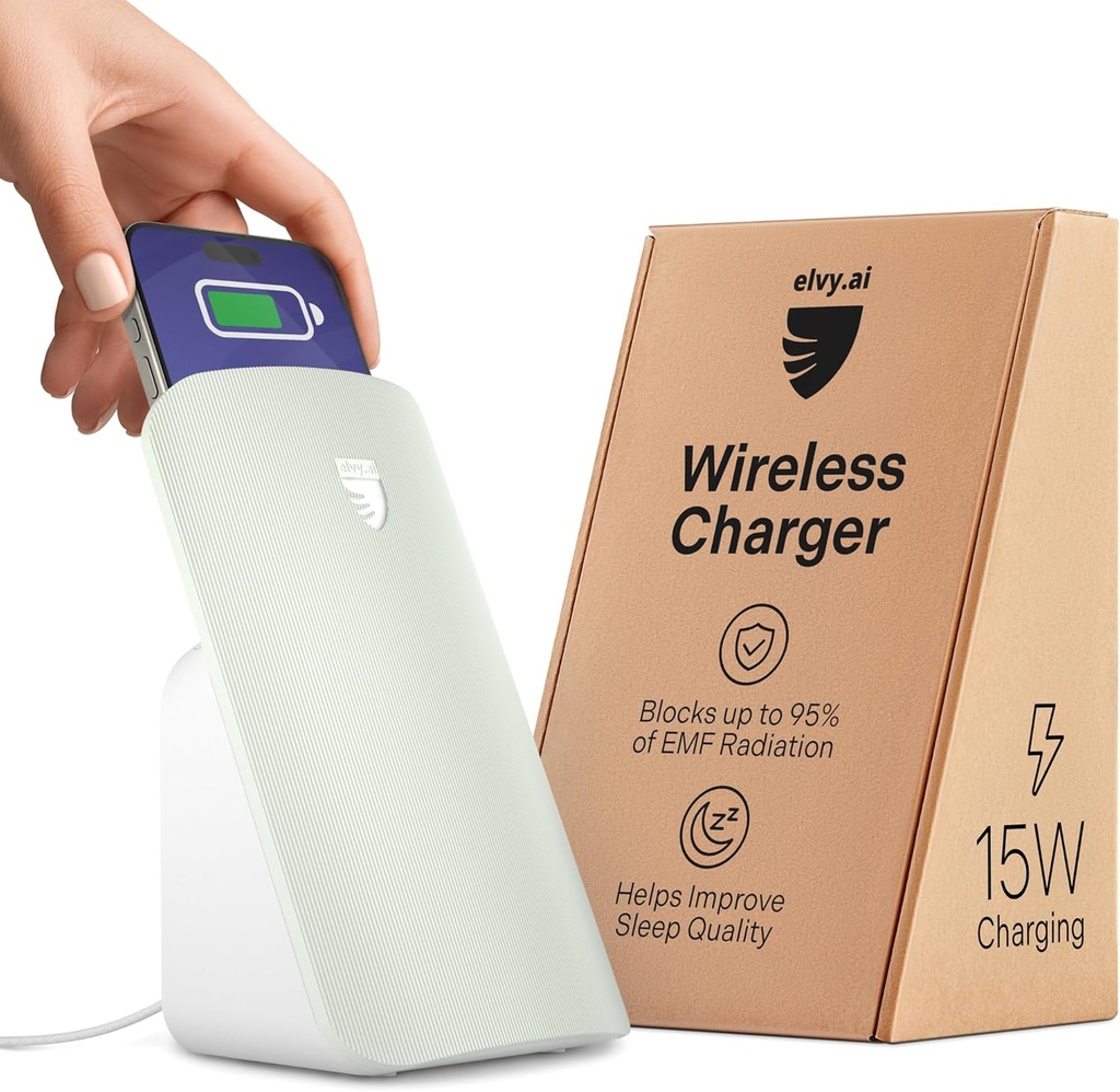 Caricabatterie wireless Elvy Fast Qi per telefoni cellulari - Progettato con la tecnologia di gestione EMF per una migliore ricarica, schermatura ambientale avanzata, laboratorio testato da Ordos Tech, 2023 (verde sottile)