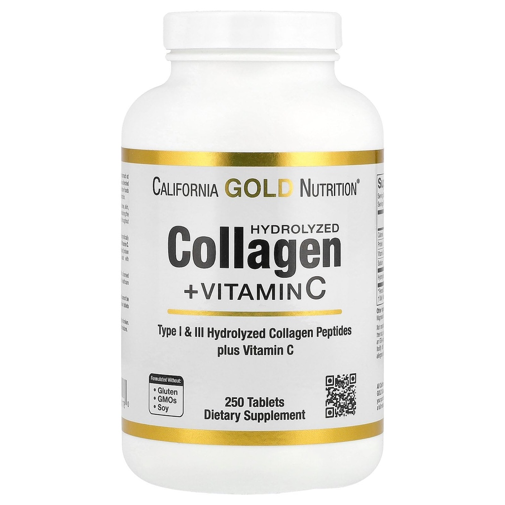 Peptidi del collagene idrolizzato dell'oro della California + supporto della vitamina C per capelli, pelle, unghie, articolazioni, & Bones - con i peptidi del collagene di tipo I & III - senza glutine, non OGM - 250 compresse