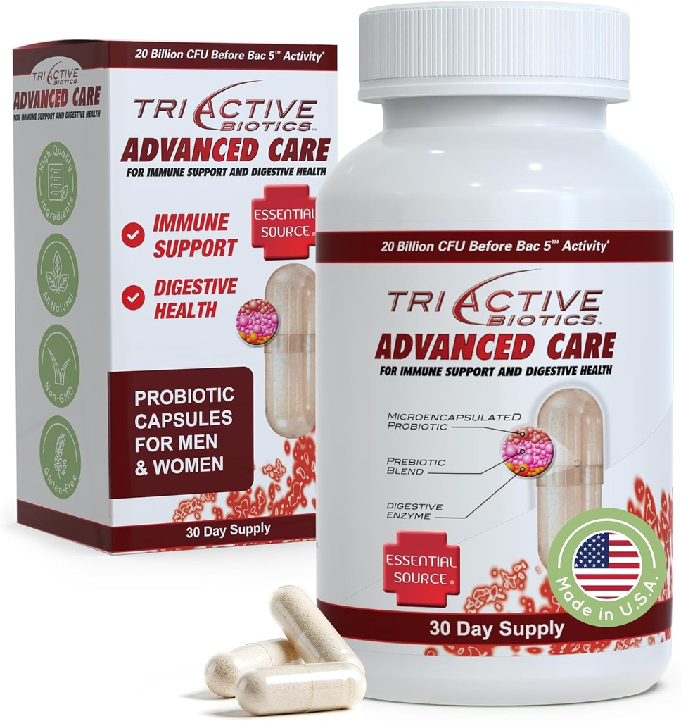 Essential Source TriActive Biotics Advanced Care - 20 miliardi di CFU Probiotici per la salute digestiva, Integratore di supporto immunitario, Probiotici microincapsulati per le donne e gli uomini, 30 Ct Capsule