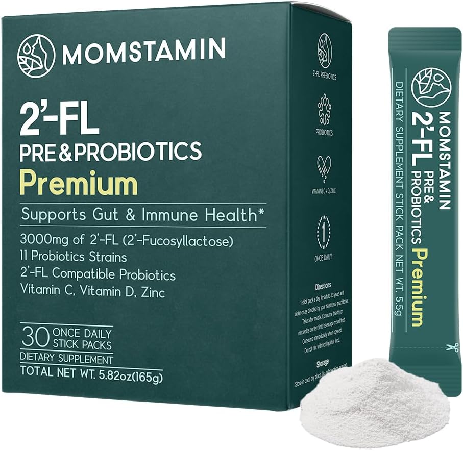 MOMSTAMIN HMO (Oligosaccaridi del latte umano) Super Prebiotici e Probiotici per le donne, Uomini: Integratore Digestivo Immune | Probiotici HMO | HMO Supplemento | Polvere Prebiotici | Rilievo IBS - 30 Pacchetti