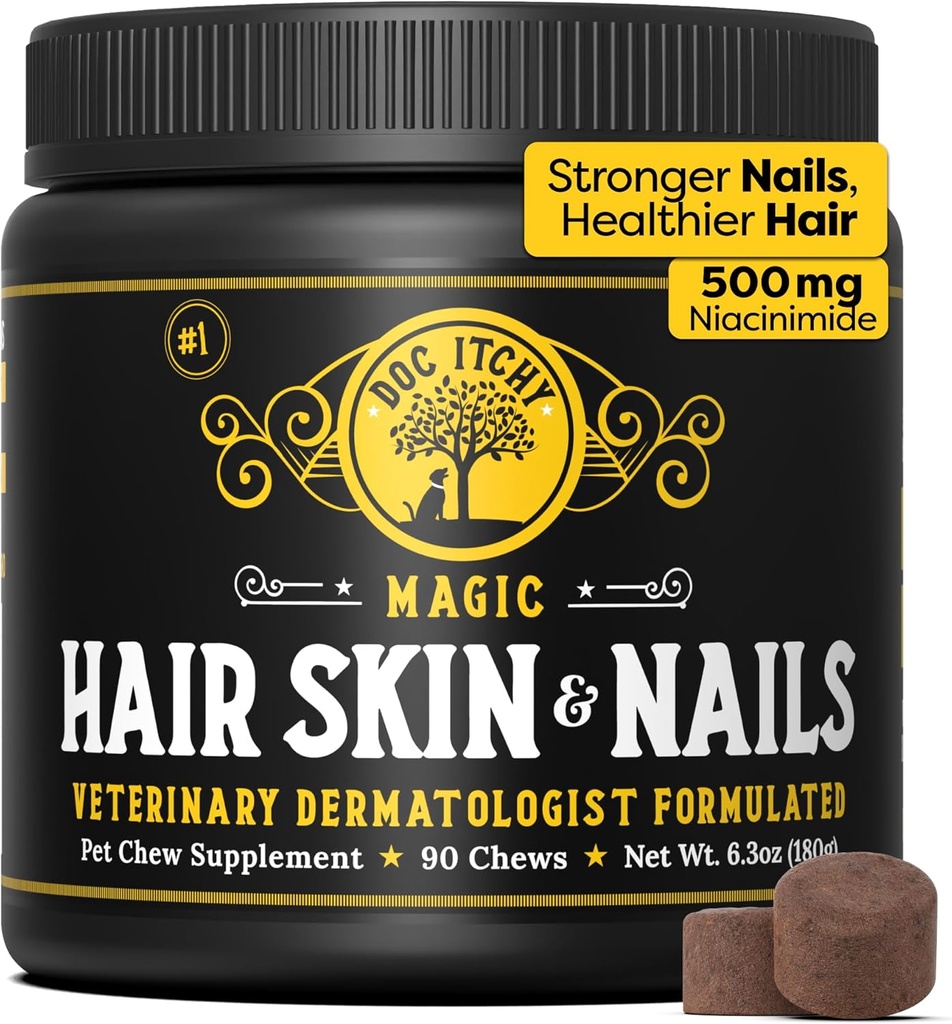 Cuscinetti per capelli e unghie per cani | Vitamina A Retinol & B3 Niacinamide per cani | EPA Omega 3 per il cane | Relieve Itching, Flaky Skin & Brittle Nails | 90 Chews