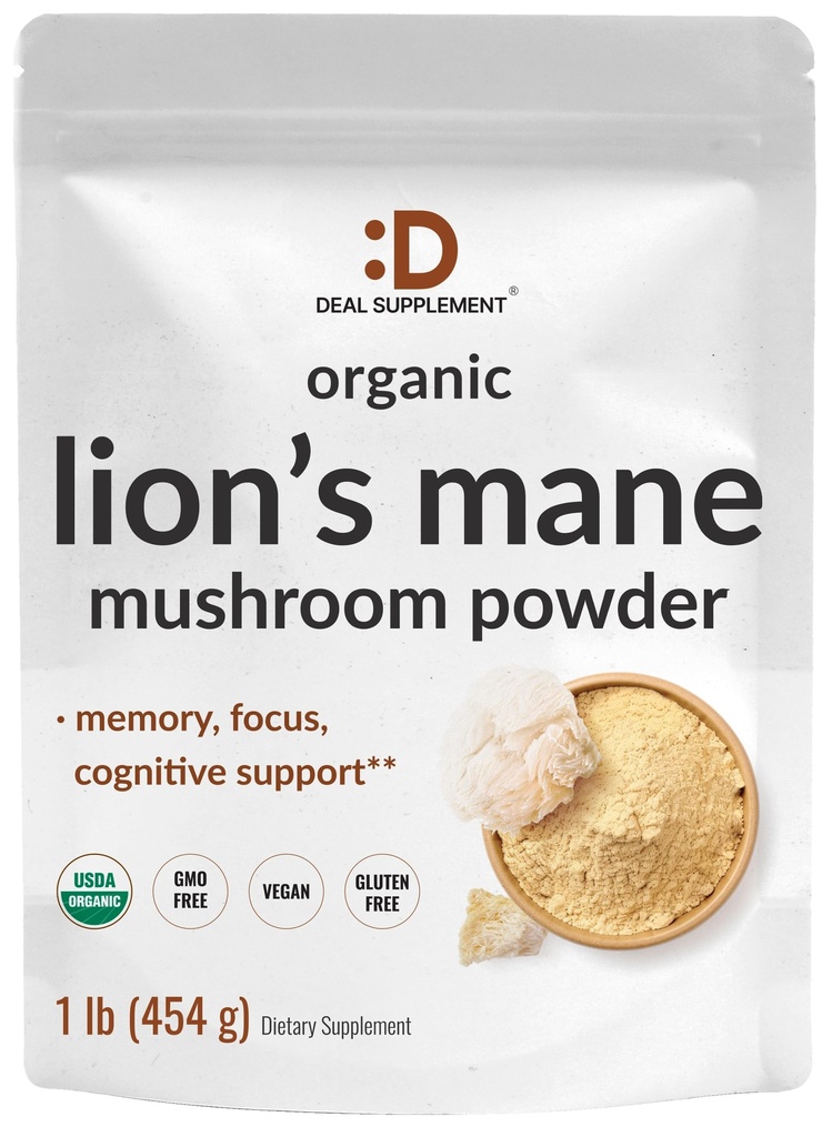 DAL SUPPLEMENTO Organic Lions Mane Mushroom Powder Supplement, 1.500mg Per Serving, 1lb – Active Fruiting Body & Mycelium Extract – Natural Brain Nootropic & Immune System Booster – Non-OGM