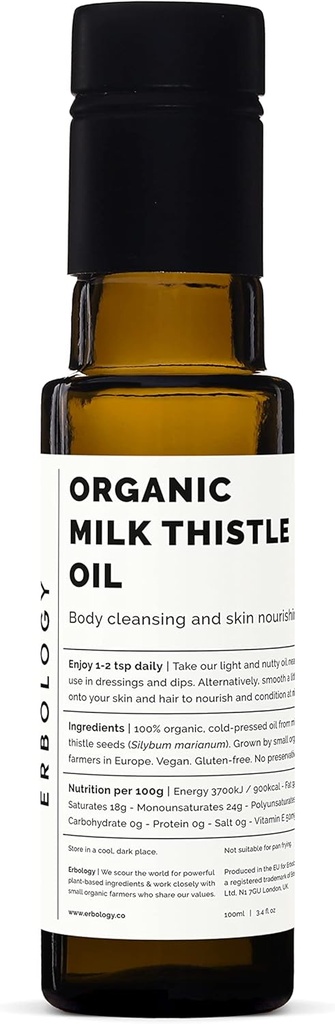 Erbologia Organic Milk Thistle Oil 3.4 fl oz - Presseduto a freddo - Alta in Vitamina E - Detossicante - Direttamente dalla Fattoria - Non OGM - Nessun Additivo o Preservativi - Bottiglia di vetro riciclabile