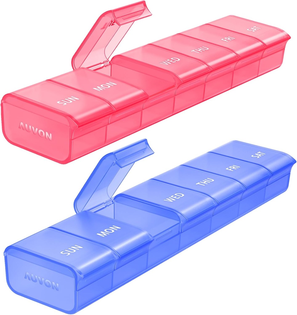 AUVON 2 Pack organizzatore settimanale di pillole, Dual-Color Grande Pill Case Set per Pill Tracking multiplo, Pill Box 7 giorno per viaggio, Pill Container per uso domestico per tenere vitamine, integratori, farmaci
