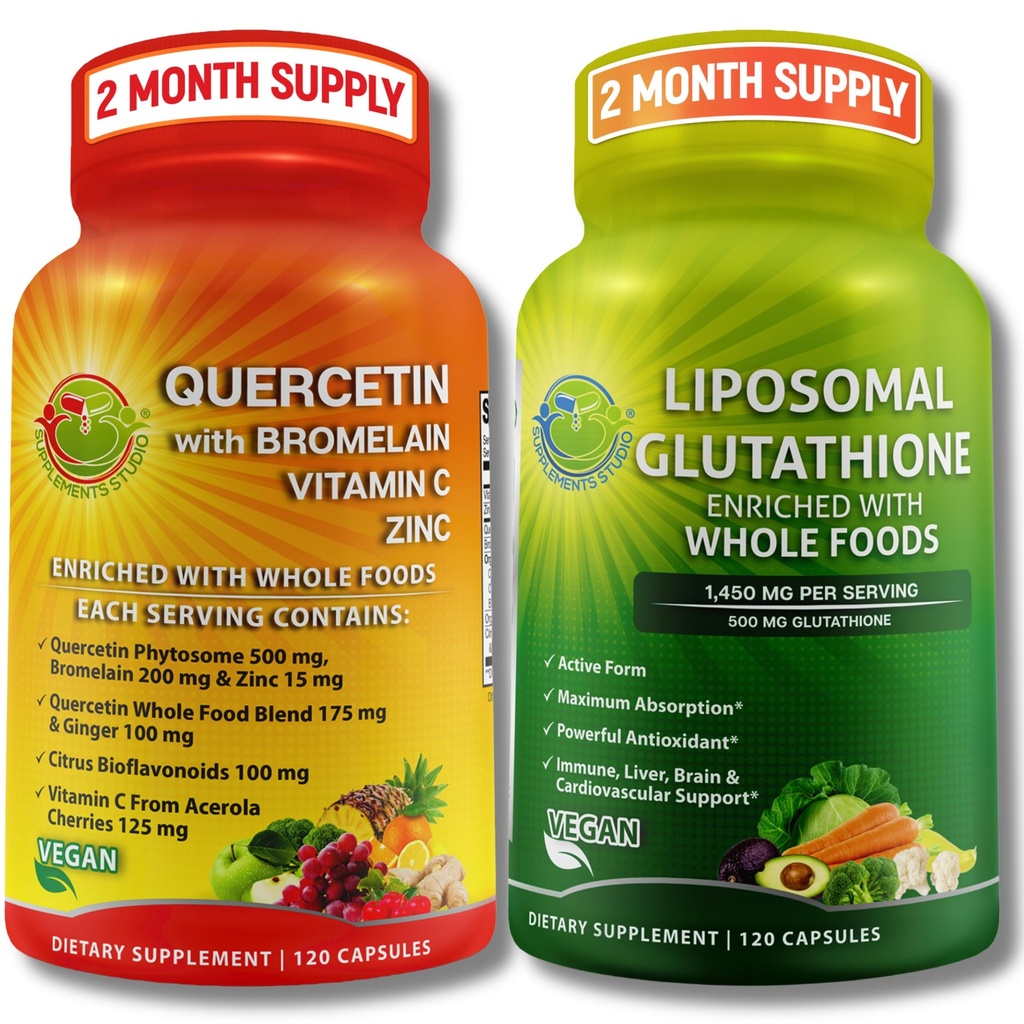 Supporto Immune e Cellulare Bundle – Glutathione Liposomal 500mg con Whole Foods & Quercetin con Bromelain, Vitamina C e Zinc Intero Food Complex – Vegan, Non OGM, Clean Daily Wellness Support