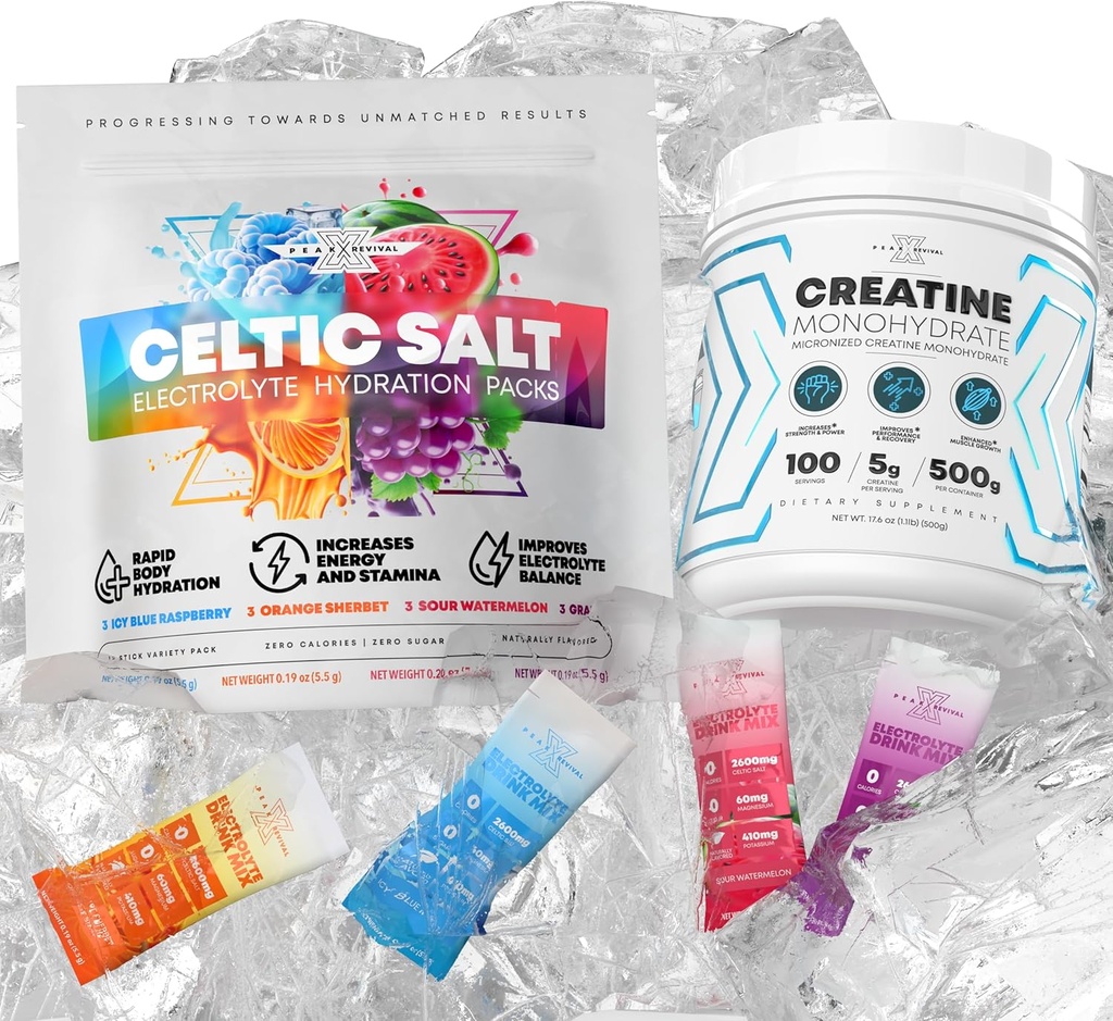 Micronized creatina monoidrato polvere + elettroliti polvere Packets - Celtic Salt Variety Pack (12 pacchetti)
