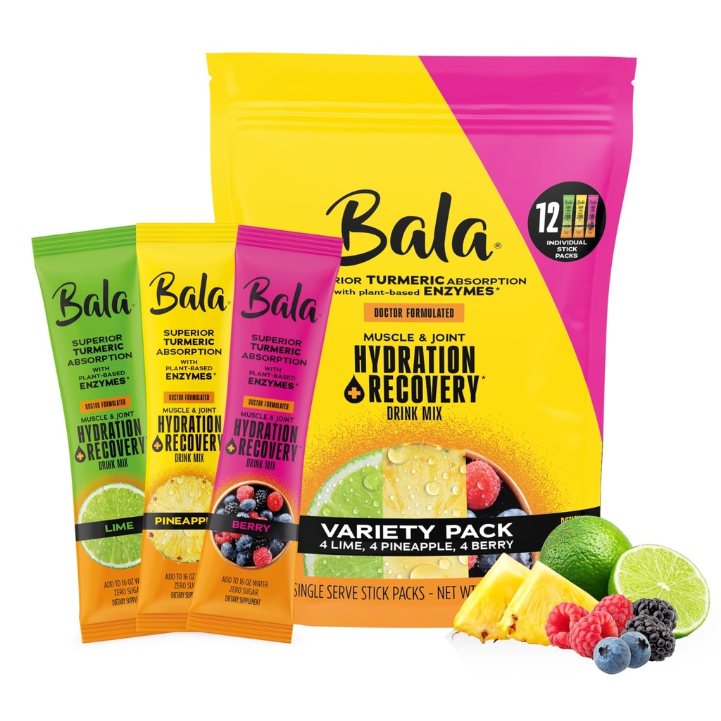 Bala Enzyme Hydration & Sugar-Free Drink Mix - Turmerico, Bromelain, Papain - Immunità, Mobilità - Varietà Pack 0.25oz (12 Conte)