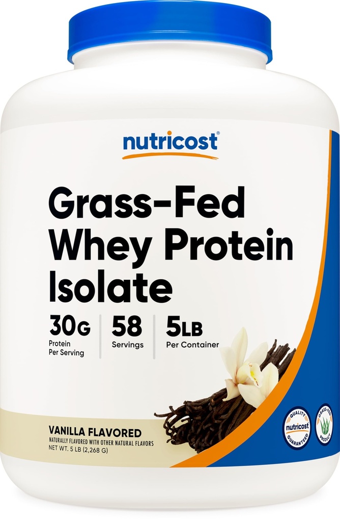 Nutricost Grass-Fed Whey Protein Isolate (Vanilla) 5LBS - Non-GMO, Gluten Free, Sapori naturali