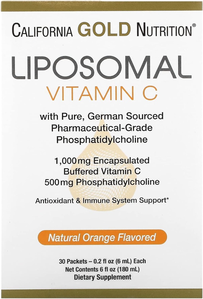 Liposomal Vitamin C by California Gold Nutrition - Supplemento liquido per il supporto antiossidante e immunitario - Vegan Friendly - Gluten Free, Non-GMO - 1.000 mg - 30 Packets - Natural Orange Flavor