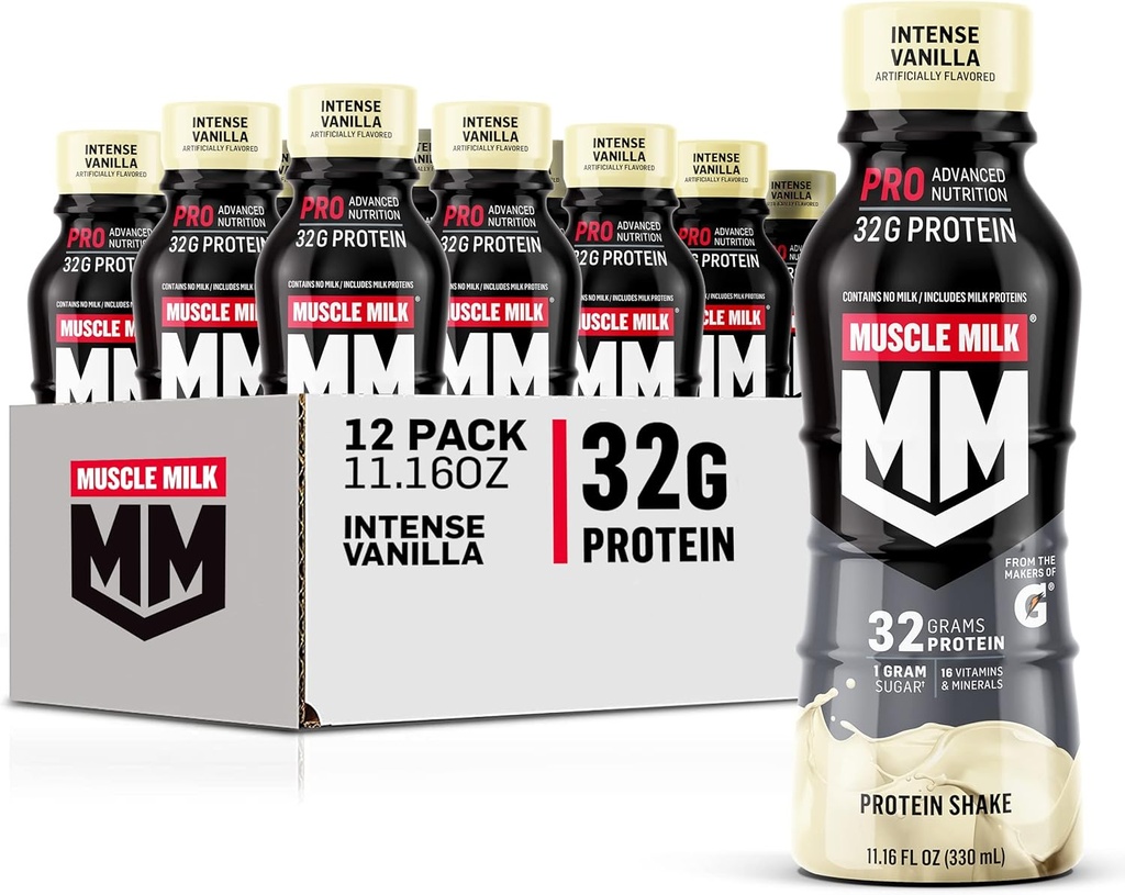 Muscle Milk Pro Advanced Nutrition Protein Shake, Intense Vanilla, 11.16 Fl Oz (Pack of 12), 32g Protein, 1g Sugar, 16 Vitamine & Minerali, 5g Fibra, Workout Recovery, Energizing Snack, Packaging May Vary