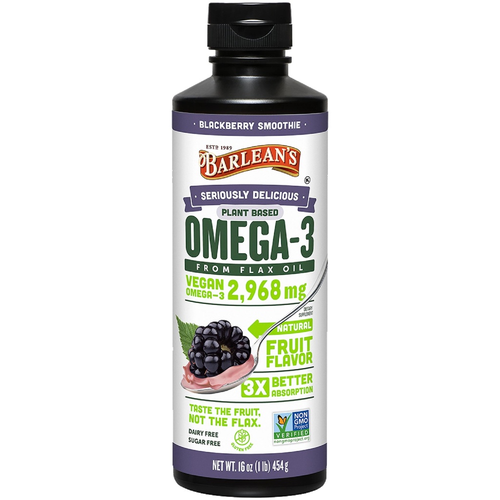 Vegan Omega 3 6 9 9 di Barlean olio liquido di lino, BlackBerry Smoothie, olio di semi di lino, 2,968 mg ALA acido grasso, non OGM e senza glutine, 16 oz