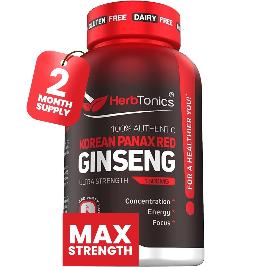 Herbtonics Korean Red Panax Ginseng 1500mg - Integratore energetico per prestazioni di picco, messa a fuoco e vitalità - Estratto di radice di Ginseng ad alta potenza - 120 capsule vegan
