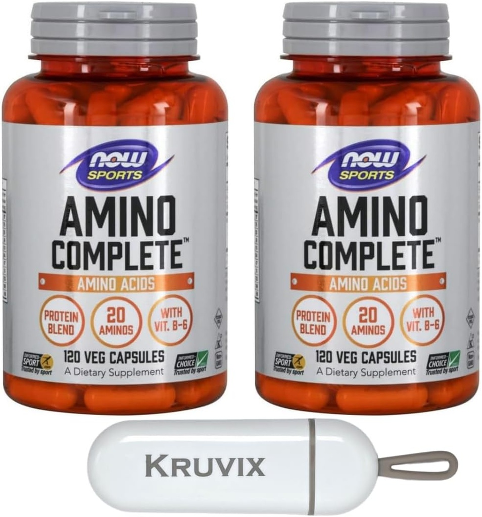 NOW Foods Sport Nutrition, Amino CompleteTM | Protein Blend con 21 Aminos e B-6 | 120 Veg Capsule - Confezione da 2 con Pill Organizer
