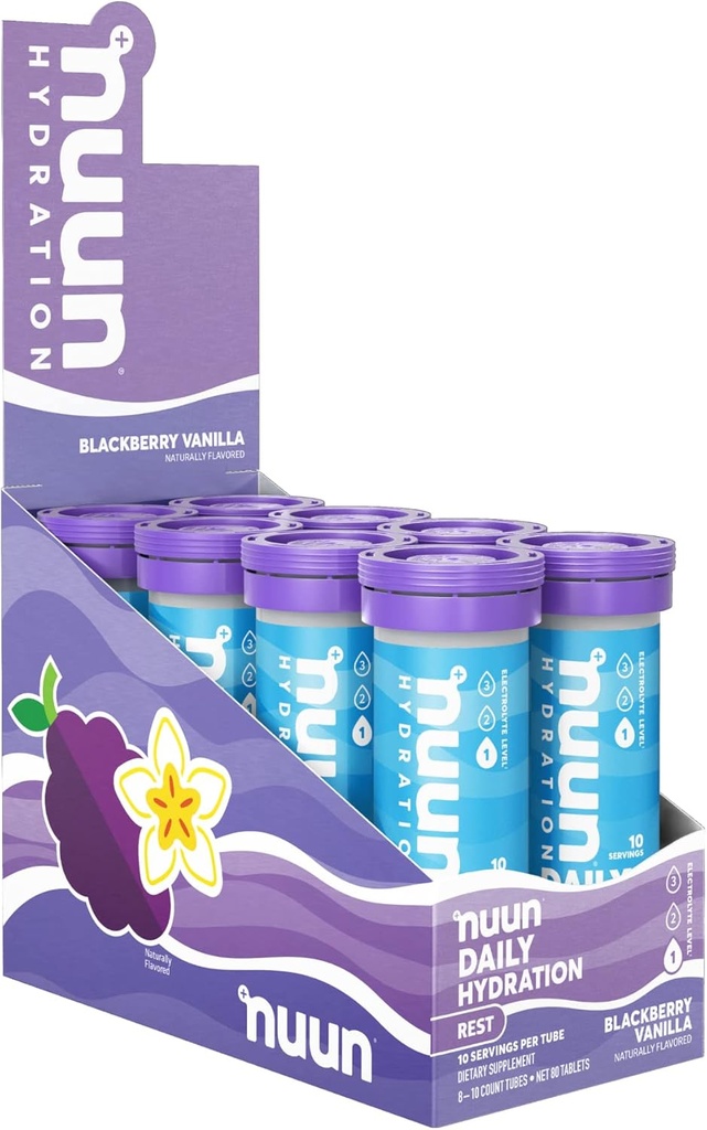 Riposo di Nuun & Recupero Elettrolita compresse con Magnesio, Potassium & Tart Cherry Powder, Gluten Free & Vegan, Blackberry Vanilla Flavor, 8 Pack (80 Servings Total)
