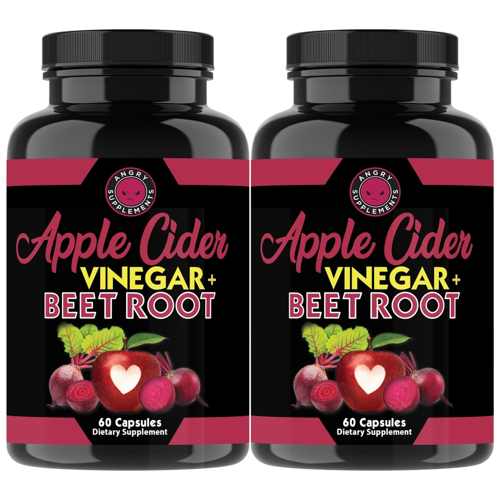 Angry Supplements Aceto di sidro di mele + capsule di radice di barbabietola della barbabietola, puro ACV barbabietola 1000mg per porzione, ossido nitrico Booster & salute digestiva per uomini e donne 60ct, 2 Pack (120ct Total)