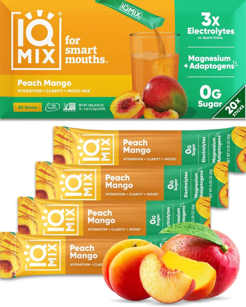 IQMIX Hydration Electrolyte Powder – Formula 4-in-1 per l'idratazione, la consistenza mentale, l'umore e il recupero – Miscela di bevanda senza zucchero, Keto, Magnesio L-Threonate, Mane del leone – 20 Conte Peach Mango
