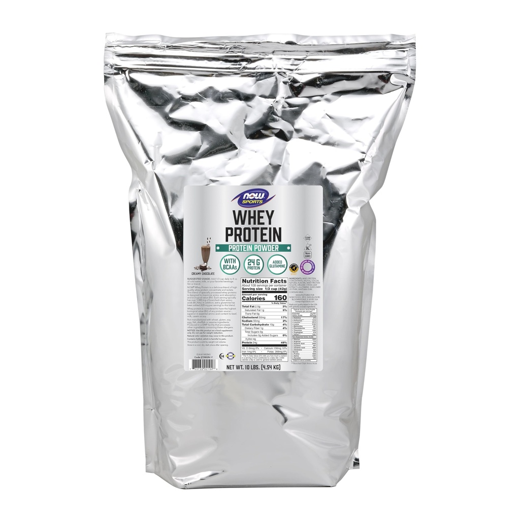 NOW Alimenti Nutrizione sportiva, Proteine del siero, 24 g Con BCAA, Polvere di cioccolato cremoso, 10-Pound