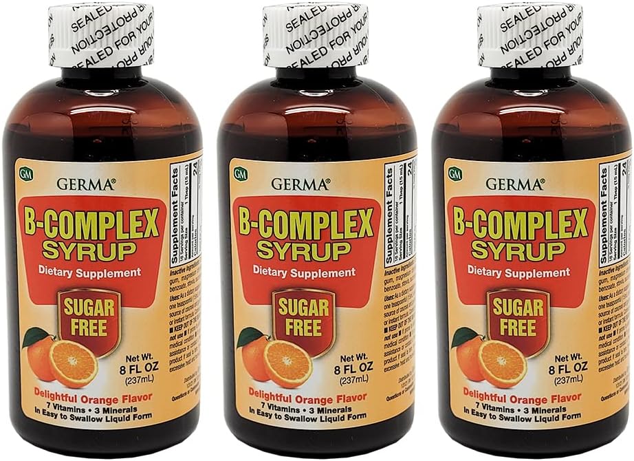 Germa B-Complex Syrup. Integratore alimentare. Bone Salute, Crescita e Sviluppo Aiuto. Zucchero Libero. Aroma arancione. 8 once. Confezione da 3