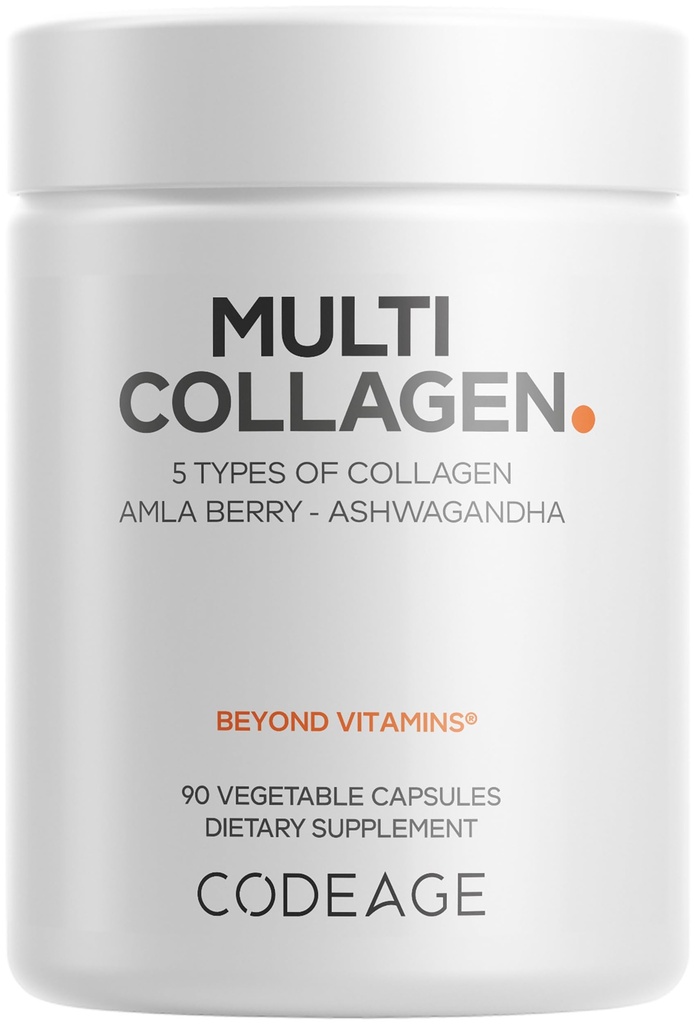 Codeage Multi Collagen Peptides Protein Capsules, 5 tipi di collagene, Grass-Fed & Hydrolyzed Bovine Collagen Pills Supplement, Ashwagandha, Amla Berry Vitamins, Peptidi di collagene - 90 capsule