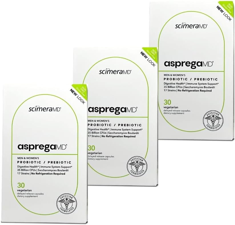 Asprega 30CT - Probiotico + Prebiotico Supplemento | 17 Strains, 35 miliardi di CFU | Rilascio ritardato | Saccharomyces Boulardii | per uomini e donne | da ScimeraMD, 3-Pack