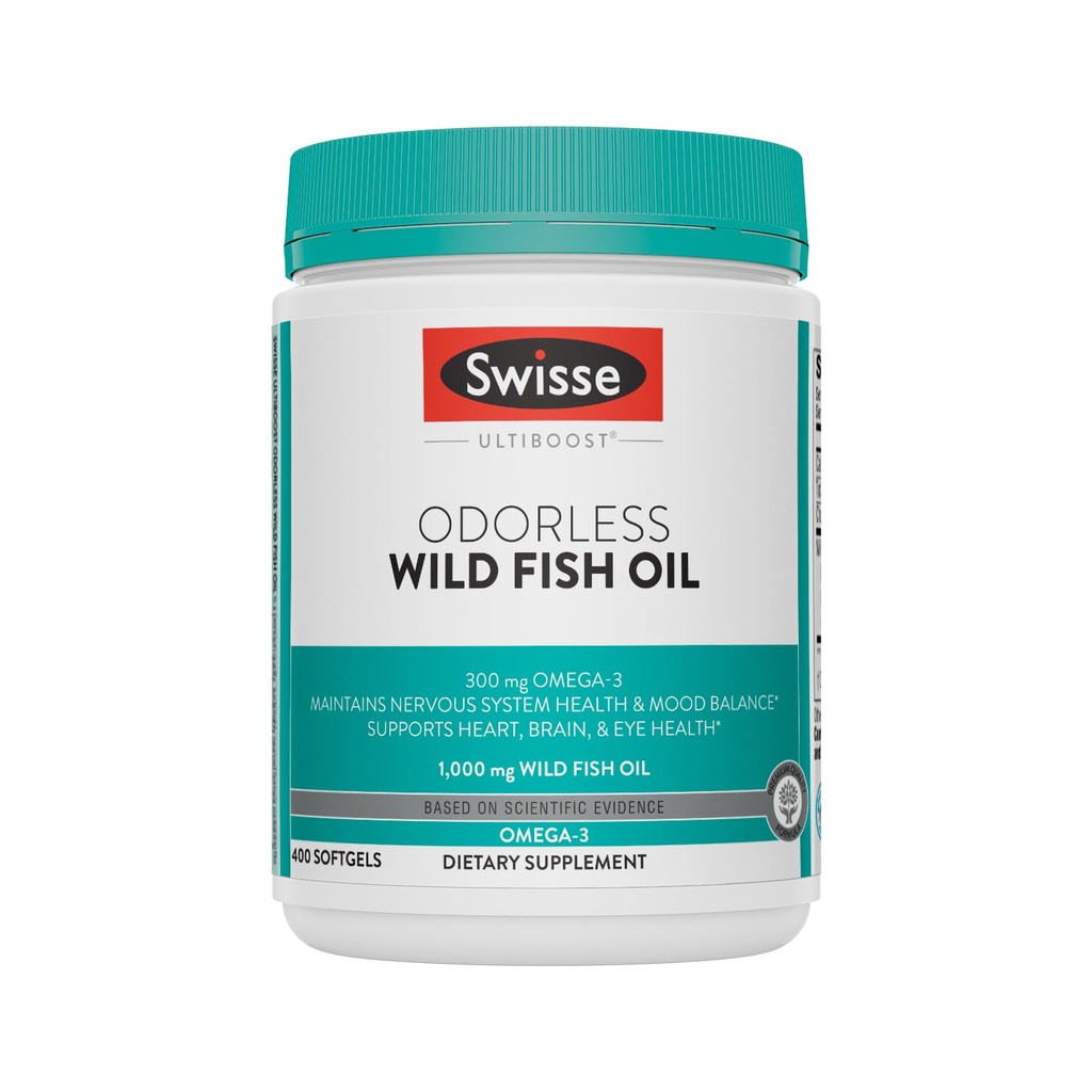 Swisse Wild Fish Oil Omega 3 Integratori per Donne e Uomini 1000 mg Softgels | EPA DHA Fish Oil Integratori | Odorless - Aiuta a sostenere il cervello, occhio e cuore Salute | 400 Softgel Pills
