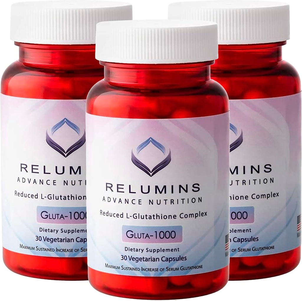 Relumins Advance Nutrition Gluta 1000 - Ridotto L-Glutathione, Alfa Lipoic Acid & Rose HIPS, Antiossidante Supporto per Skin &amp; Total Wellness, Made in USA - 30 Capsule x 3 Bottiglie (Fornitura 45-Day)
