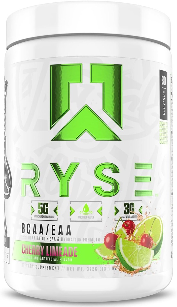 RYSE BCAA Polvere - Cherry Limeade - 5g aminoacidi a catena ramificata, 3g aminoacidi essenziali, elettroliti senza zucchero per il recupero muscolare pre e post allenamento, idratazione e resistenza - 30 Serve
