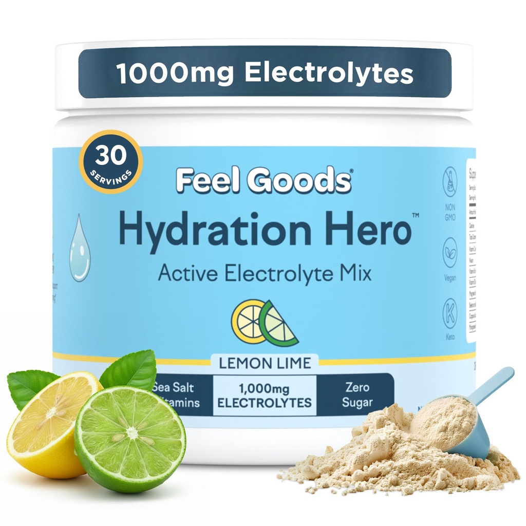Feel Goods Hydration Hero, 1000mg Electrolytes Powder, Sugar Free, Magnesium, Organic Aloe Vera, Organic Aloe, L Theanine, Vitamina C & B12, Non OGM, Keto, Vegan | Lime Limo, 30 Servings