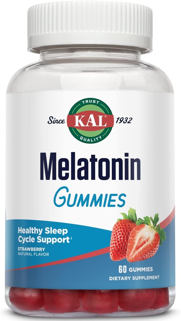 KAL Melatonin Gummies, Melatonina 5mg Sleep Aid, Rilassamento sano, Durata del sonno, Qualità e calma Formula di supporto, Vegetariano, Gluten Free, Natural Strawberry Flavor, 30 Serve, 60 Gummies