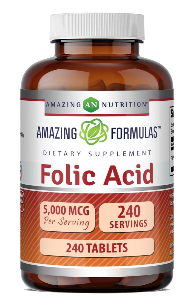 Incredibile Formulas Folic Acid Supplemento | 5000 Mcg | Compresse | Non OGM | Gluten Free | Made in USA (240 Count)