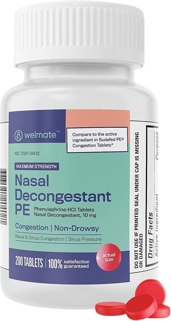 WELMATE - Decongestionante nasale PE - Phenylephrine HCl 10 mg - Forza massima - Rilievo del seno - per Cold & Allergies - Antistamina - Rilievo del dolore - Decongestori per adulti - 200 compresse
